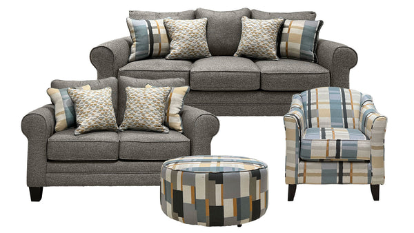 Conjunto de 4 piezas Monroe Ash: sofá, sillón doble, sillón y otomana