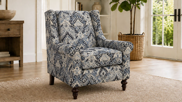 Kais Blue & White Wingback Accent Chair | Rolled Arms | Craftmaster