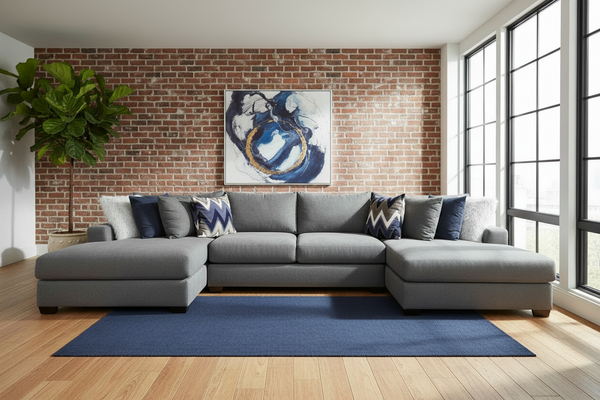 Gray sectional sofa in a room with a brick wall and large windows.