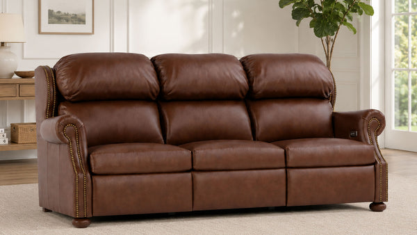 Stickley Durango Darian Spice Power Wall Hugging Leather Sofa | Leather Power Recliner | Gallery Furniture