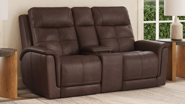 Gun Metal Brown Leather Pwr Reclining Loveseat