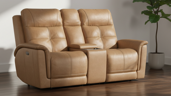 Sofá de dos plazas reclinable con consola Mack's Heart Latte Brown Leather P5 Power