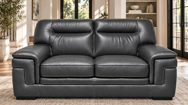 Un sofá de dos plazas de cuero negro con dos cojines de asiento y respaldos acolchados, que se muestra en un salón luminoso con ventanas, estanterías y una alfombra.