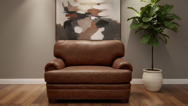 Sillón de cuero marrón en una habitación con arte abstracto y una planta en maceta.