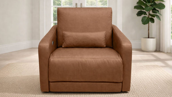 Sillón de cuero marrón en una habitación con una planta y una ventana.