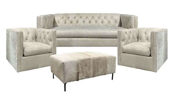 Bermuda Champagne Hair On Hide Leather Sofa, 2 Swivel Chairs & Ottoman