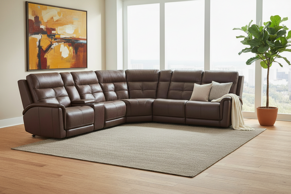 Brown leather sectional sofa in a living room with large windows and a plant.