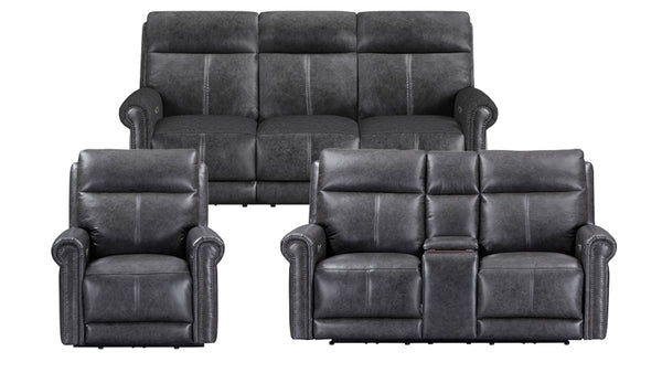 Sofá reclinable eléctrico Heritage Weathered Stone de 3 piezas, sofá de dos plazas con consola y sillón reclinable
