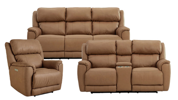 Sofá reclinable eléctrico Tuscany Butternut de 3 piezas, sofá de dos plazas y sillón reclinable