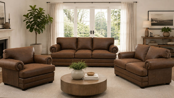 3-Piece Custom Wild 100% Leather Sofa, Loveseat & Chair | Made in USA | Gallery Furniture