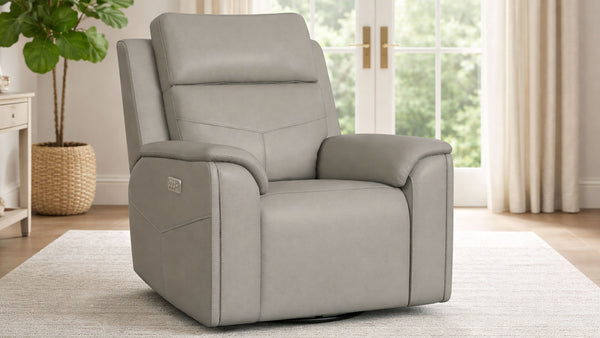 Sillón reclinable giratorio «Cougar Dove Grey Power» – Sillón de salón tapizado en tejido de alta calidad con función de calor y masaje | Gallery Furniture