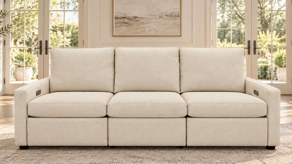 Sofá reclinable eléctrico «Solara Straw» de 3 piezas con tejido de alta resistencia | Gallery Furniture