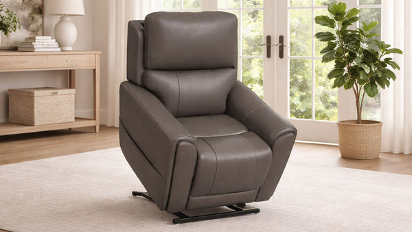 Sillón reclinable eléctrico Flexsteel Cougar en gris oscuro P5 – Con función de calor y masaje y tapizado MackArmor | Gallery Furniture