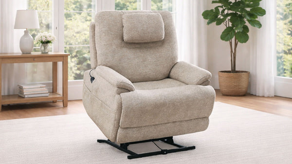 Sillón reclinable MacZcliner en color beige claro con elevador eléctrico, calefacción y masaje – Sillón de descanso asistido | Gallery Furniture