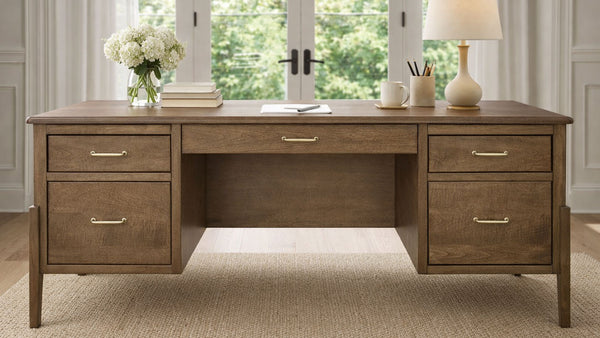 Escritorio de madera con artículos de oficina en una habitación luminosa.