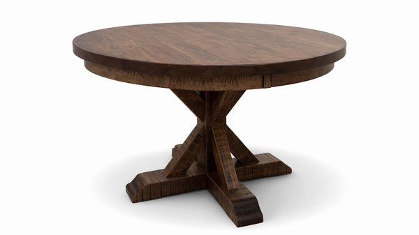 Mesa redonda de madera con acabado marrón oscuro sobre fondo blanco.