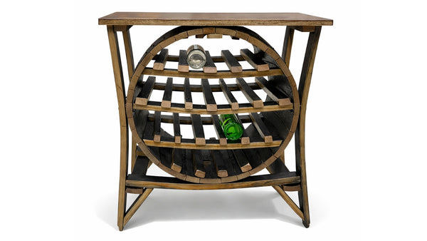 Botellero grande de madera maciza con forma de barril en nogal quemado