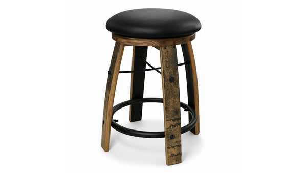 Taburete giratorio de madera natural con asiento de cuero negro y patas de 24 pulgadas.