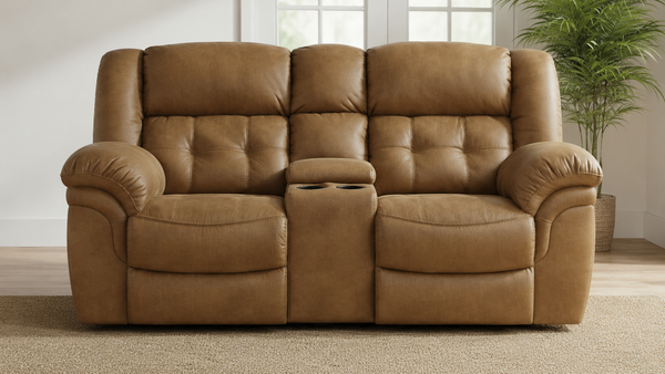 A tan leather reclining loveseat with tufted back cushions and a center console cup holder, shown in a bright living room setting.