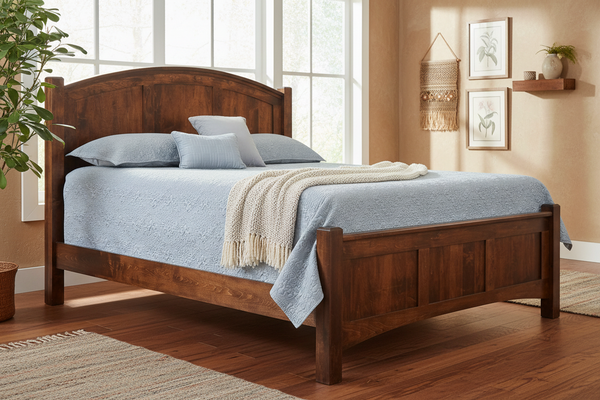 Cama de madera con una colcha y almohadas sobre un fondo blanco