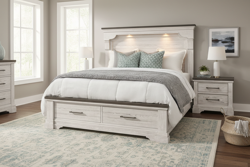 High Plains Queen Storage Bed styled in master bedroom with matching nightstands and reading lights