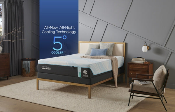 "Vista lateral del Colchón TEMPUR-ProBreeze 2.0 Híbrido Medio resaltando las 12 pulgadas de profundidad y el diseño híbrido con más de 1.000 espirales premium"