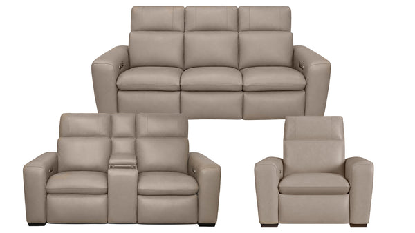 Beige leather sofa set with recliner and loveseat on a white background
