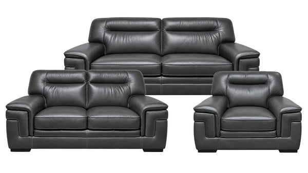 Three-piece black leather sofa set including a three-seater sofa, a two-seater loveseat, and a single armchair, shown against a plain white background.
