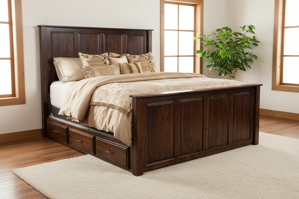Cama de madera con ropa de cama en una habitación bien iluminada