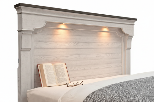 Detail of High Plains bed headboard with built-in reading lights