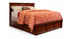 Wooden bed with orange floral comforter on a white background