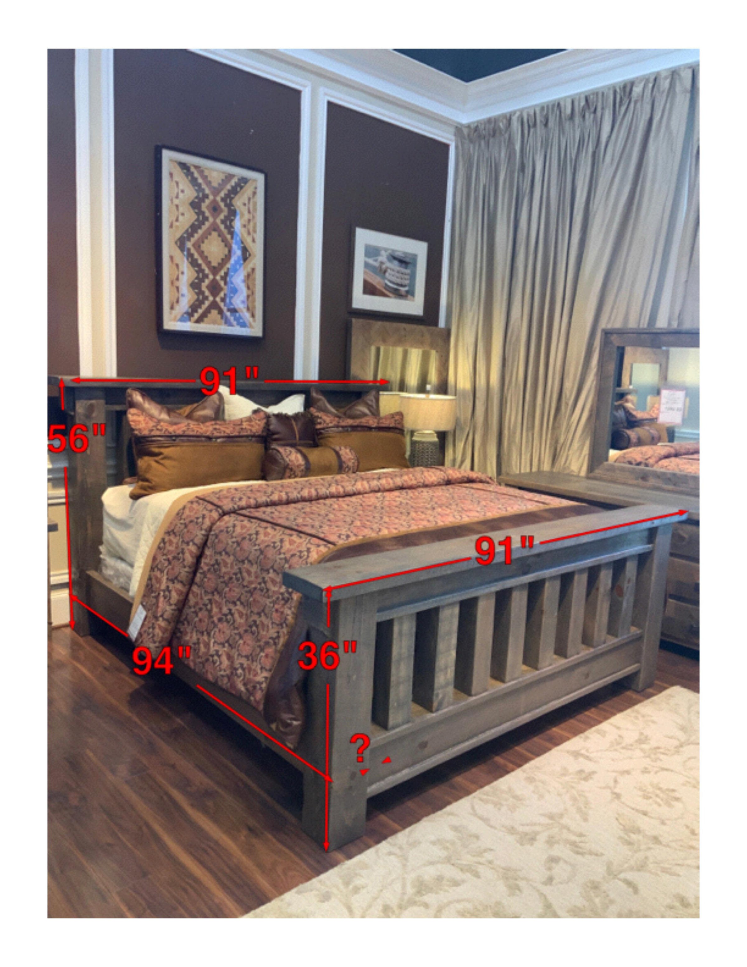 King Size Uvalde Rustic Solid Pine Wood Bed Frame
