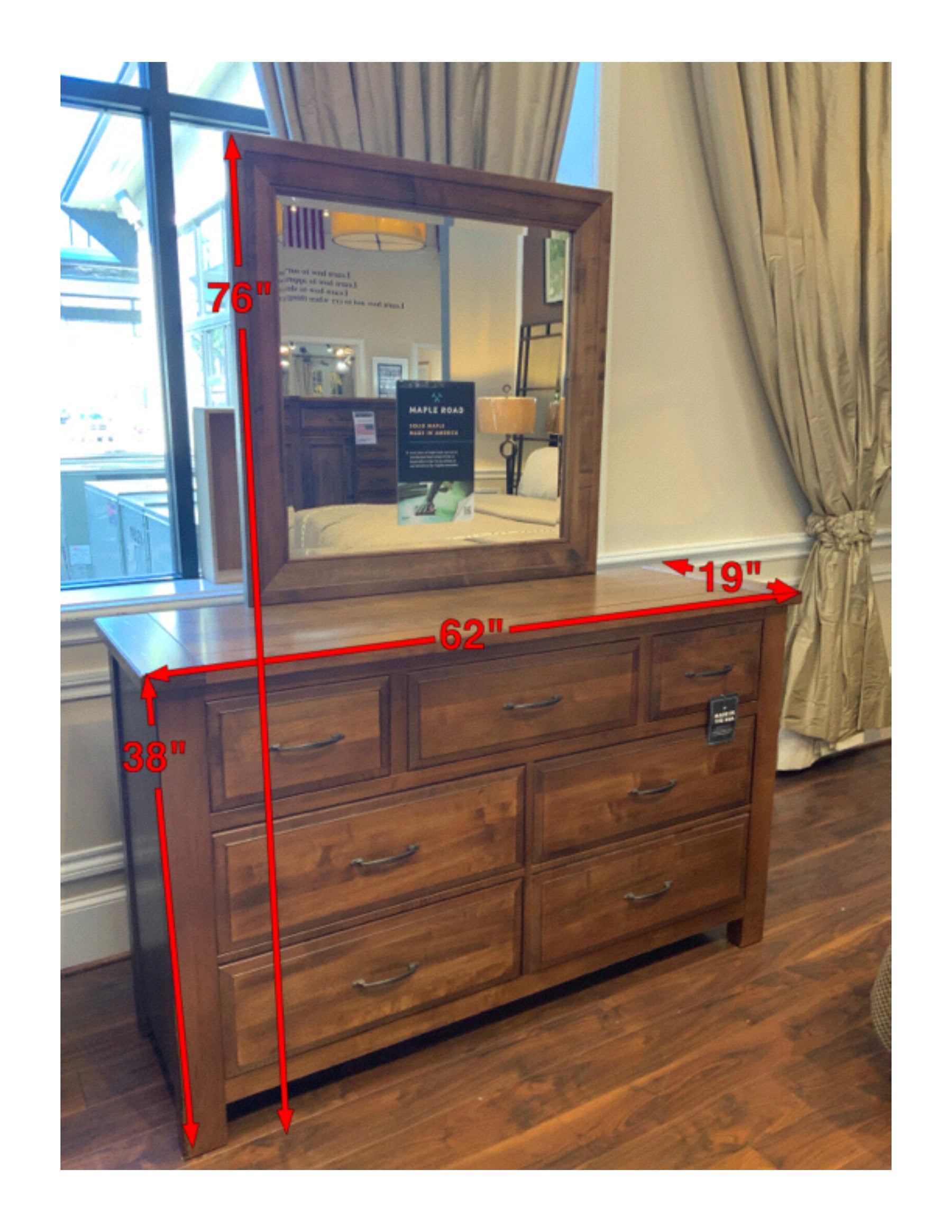 Red Hawk Valley Solid Maple Wood Modern 7 Drawer Dresser w/Mirror