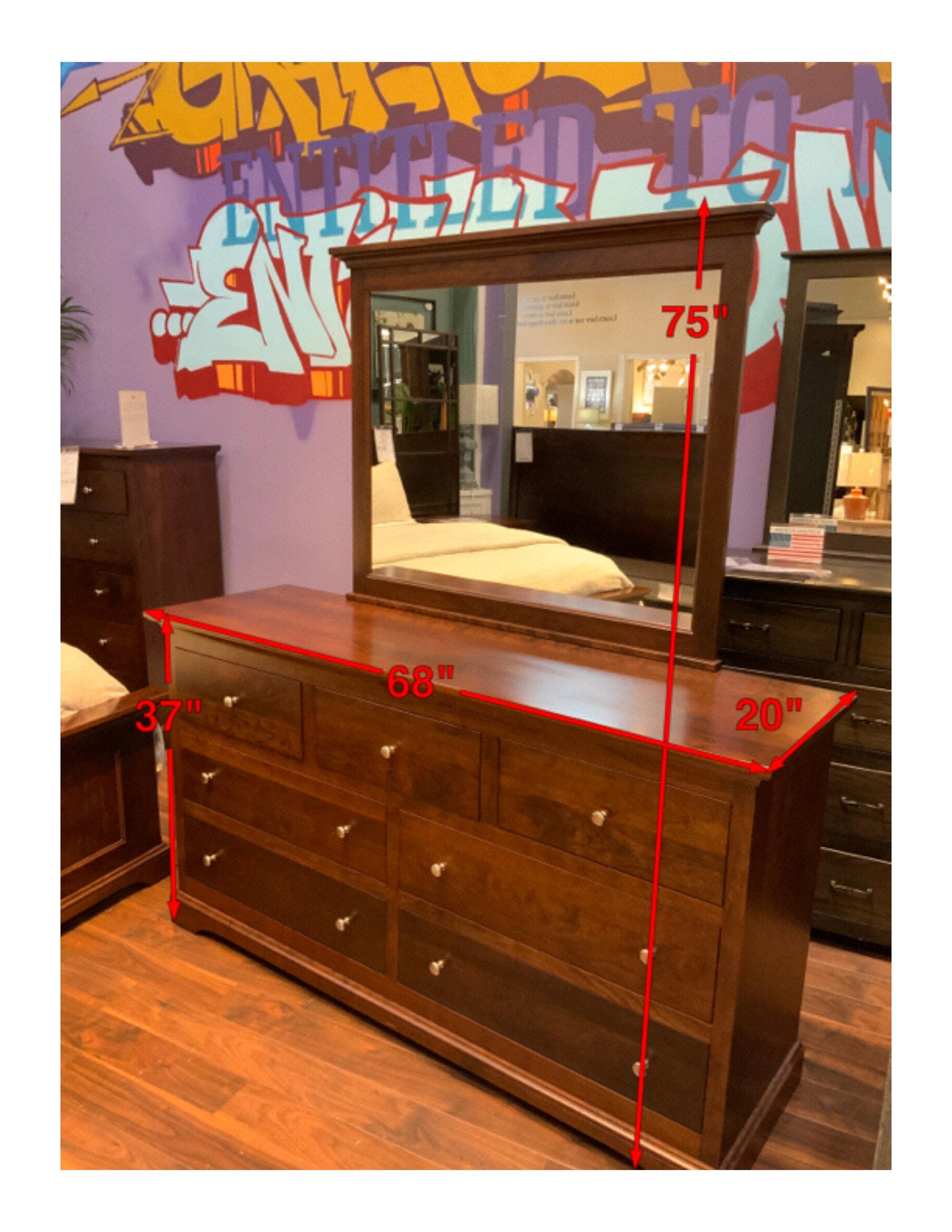 Gladewater Solid Black Cherry Wood Modern 7 Drawer Dresser w/Mirror