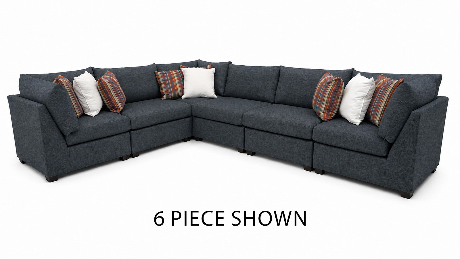 A 6-piece dark gray fabric sectional sofa with multiple throw pillows, shown on a white background with the text '6 PIECE SHOWN' below.