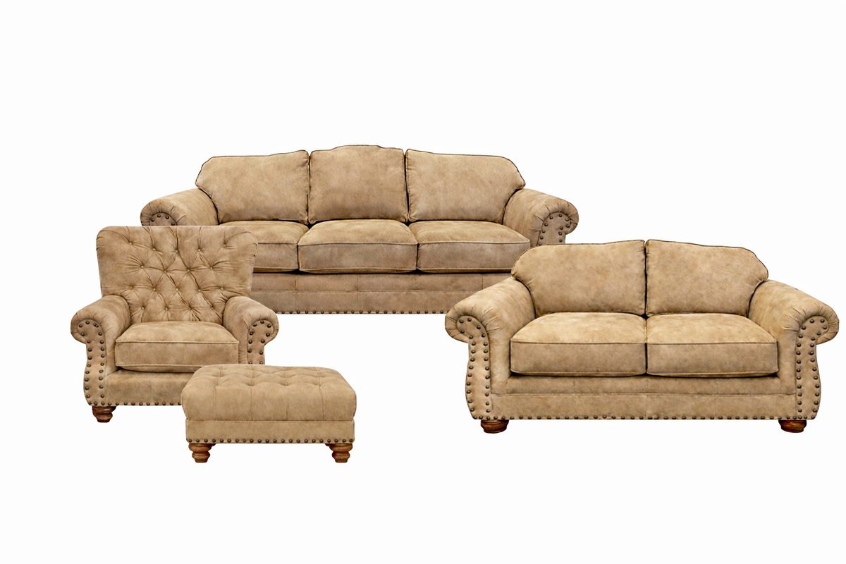 4pc Open Range Broken Stone Living Room Set by Mayo - 100% Leather Sofa, Loveseat, Chair & Ottoman - Made in Texas