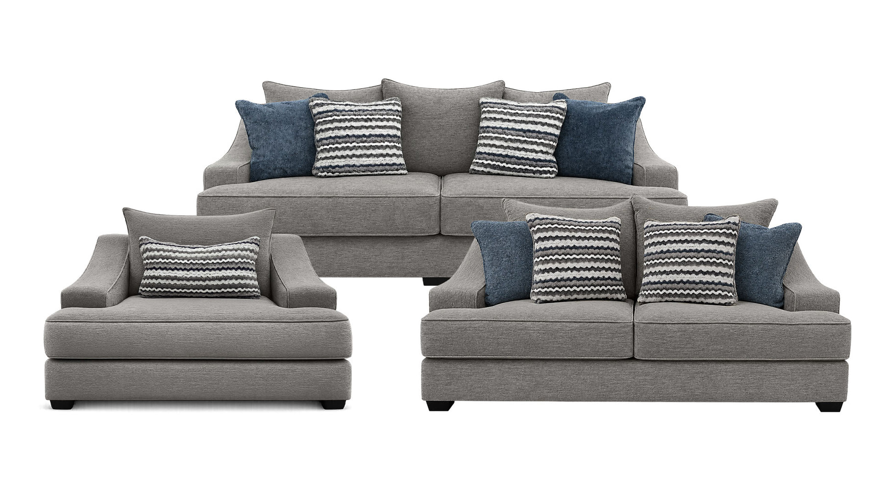 Gray sofa set with patterned cushions on a white background