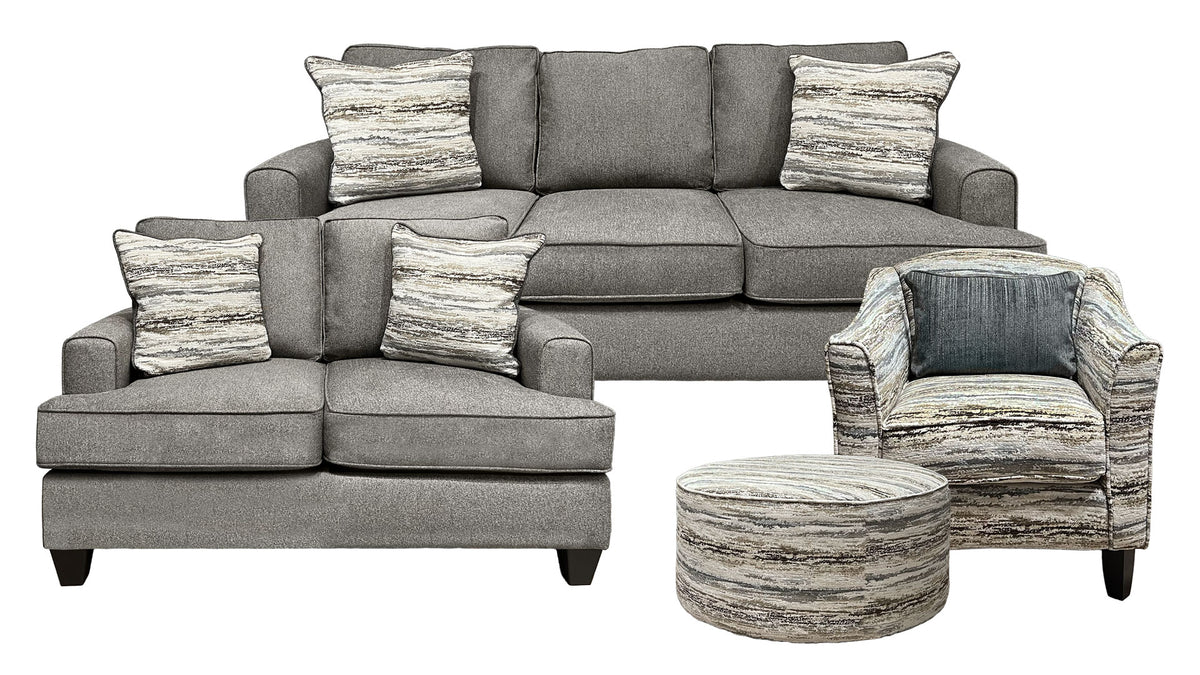 4pc Delta Moontide Stone Living Room Set - Sofa, Loveseat, Accent Chair & Ottoman - Contemporary Gray with Striped Accents
