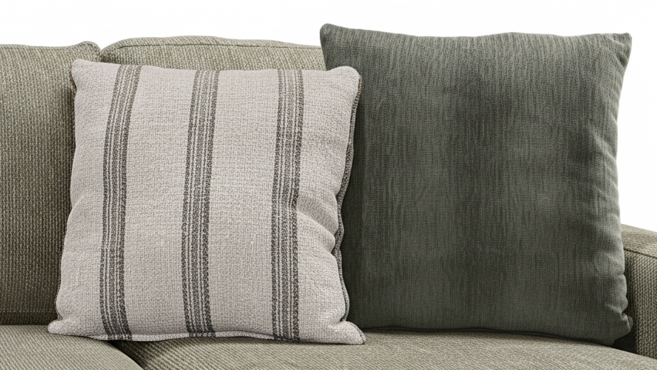 Two textured pillows on a sofa with a neutral background