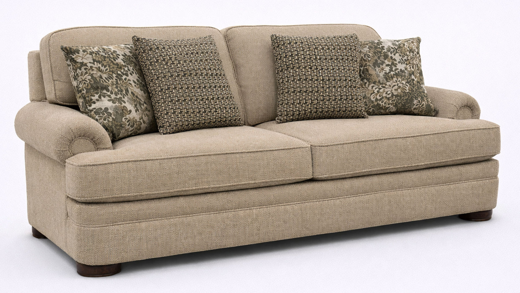 Beige sofa with patterned cushions on a white background