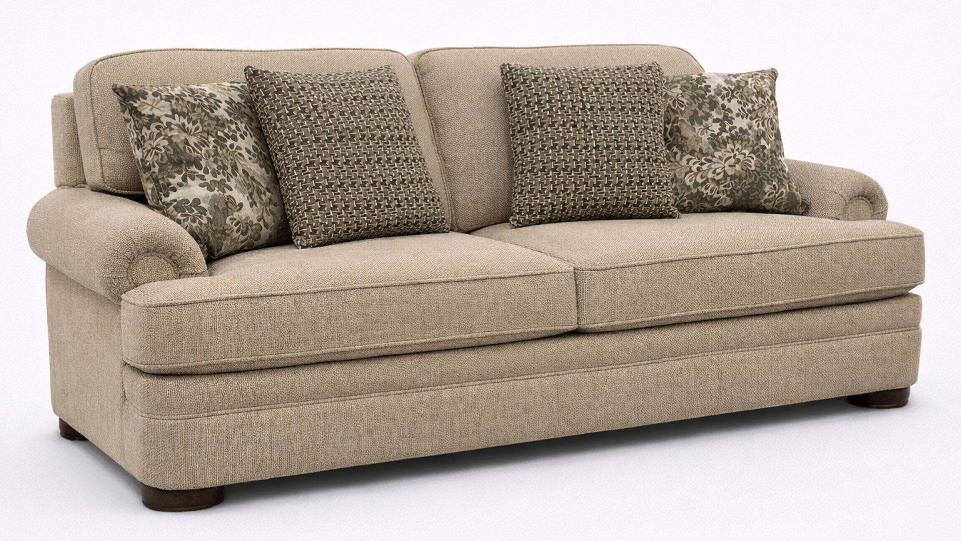 Beige sofa with patterned cushions on a white background