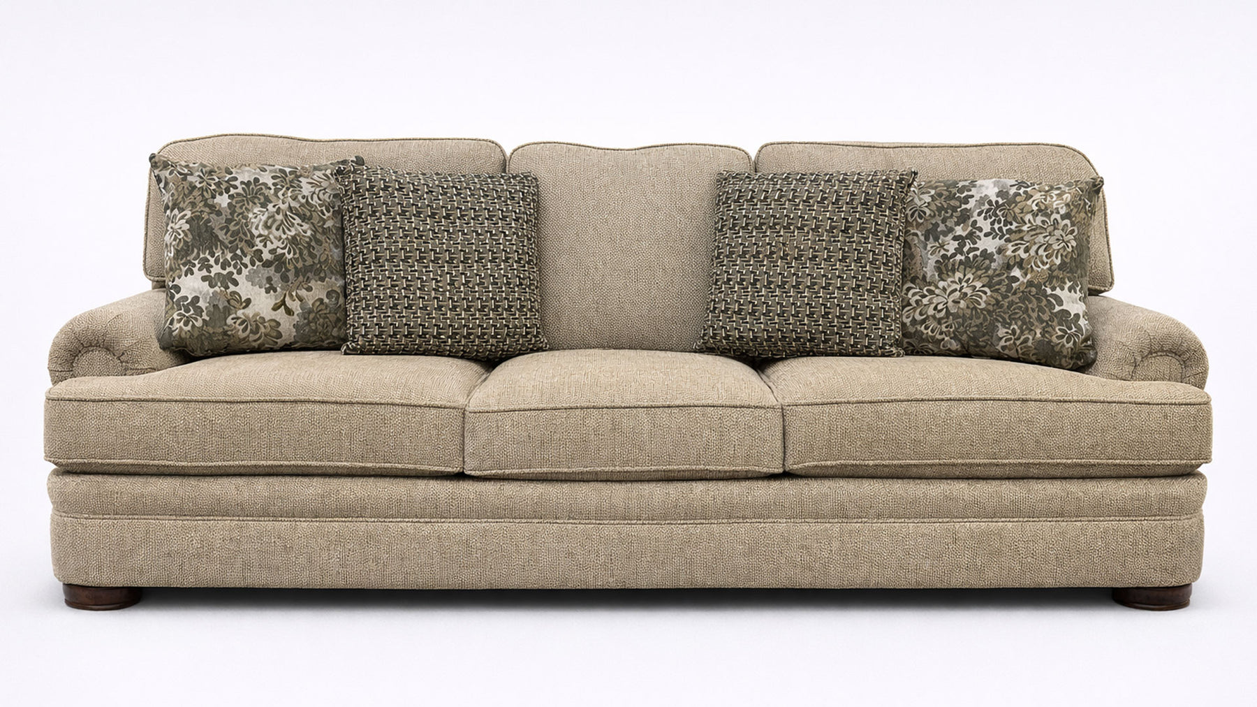 Beige sofa with patterned cushions on a white background