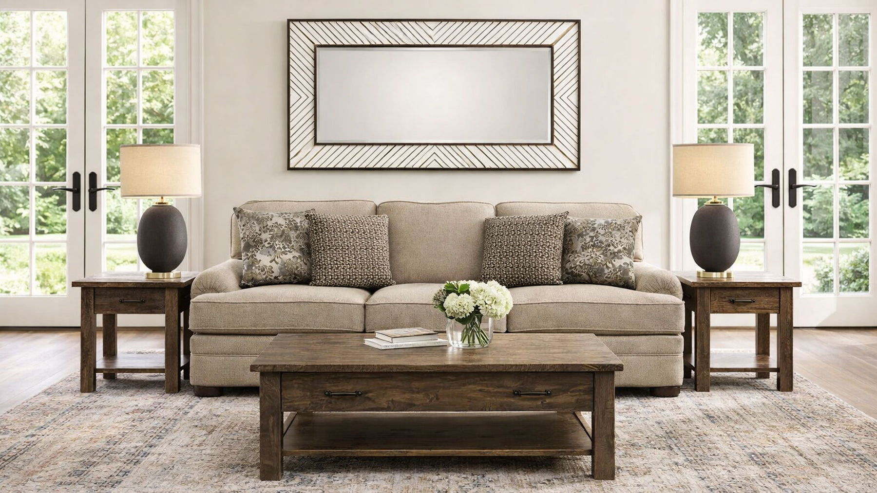 Living room with beige sofa, wooden coffee table, and side tables.
