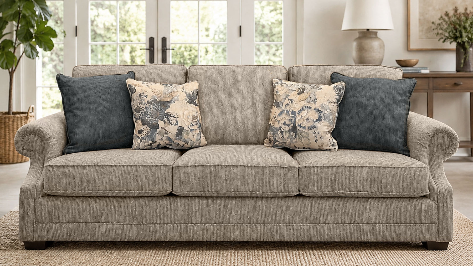 Gray sofa with patterned cushions in a living room setting