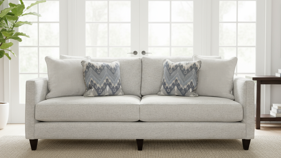 Gray sofa with patterned cushions in a bright room