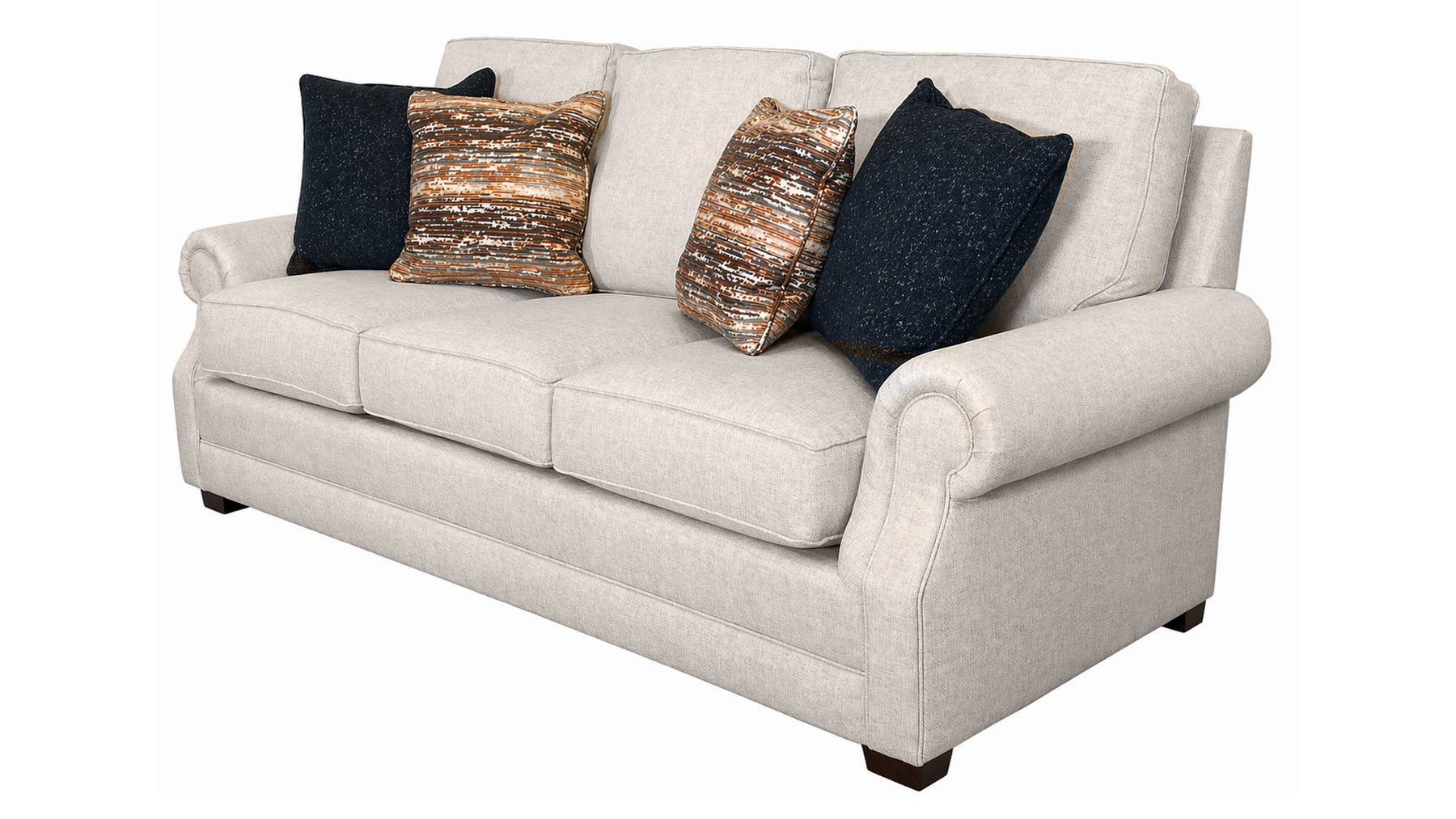 Beige sofa with decorative pillows on a white background