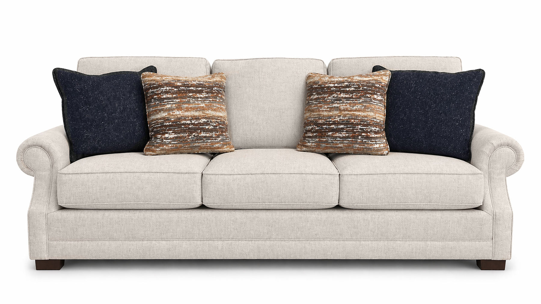 Beige sofa with decorative pillows on a white background