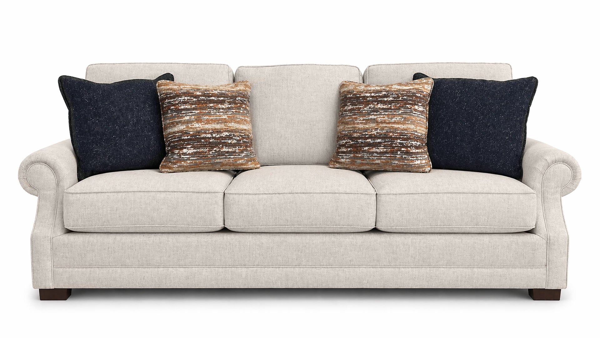 Beige sofa with decorative pillows on a white background