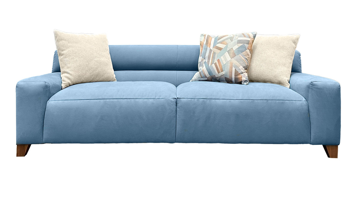 Sky Blue Sofa with Decorative Pillows! Available at Grand Parkway