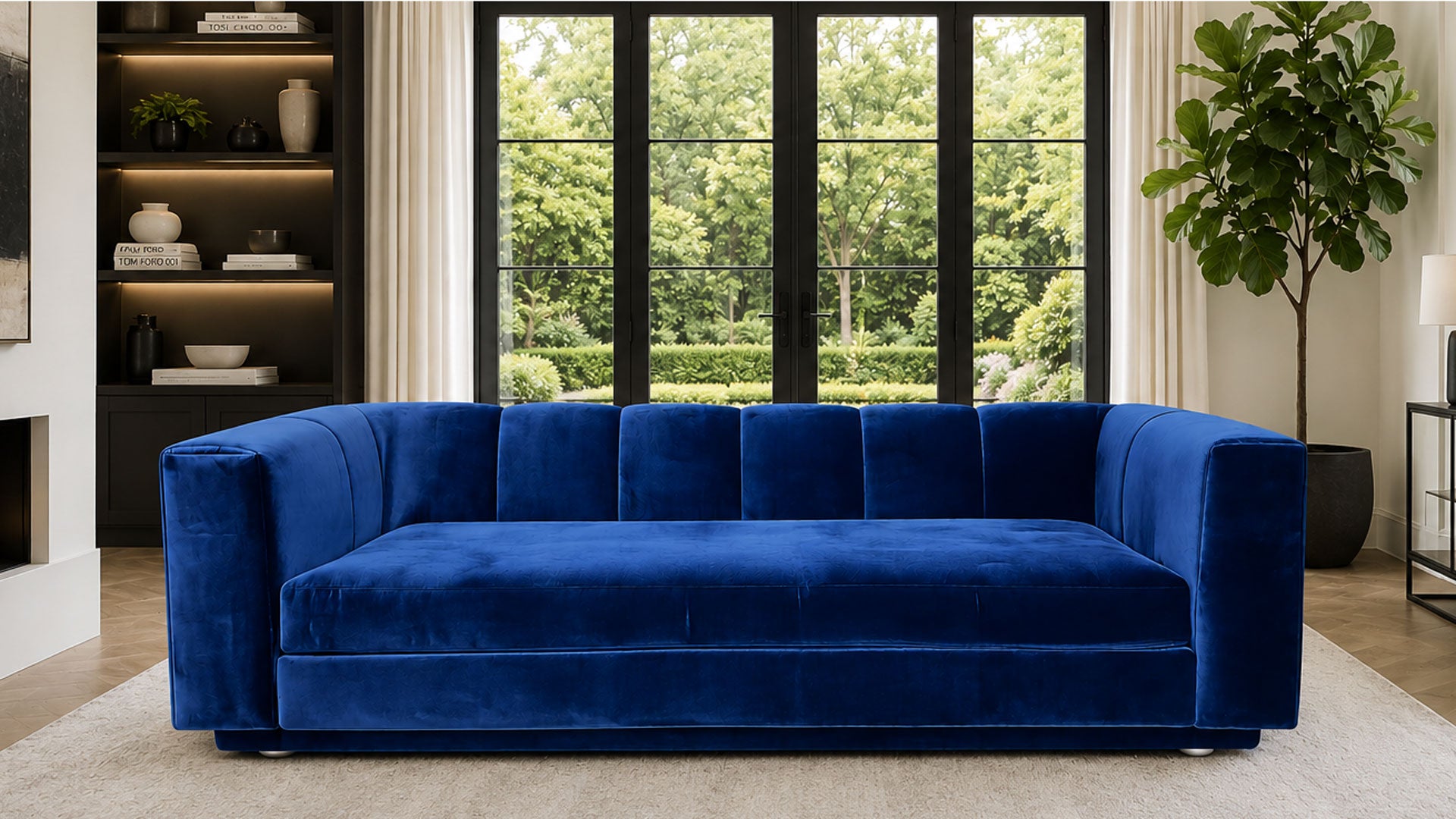 A modern blue velvet sofa with a tufted backrest, positioned in a contemporary living room with large windows showing a green garden view.